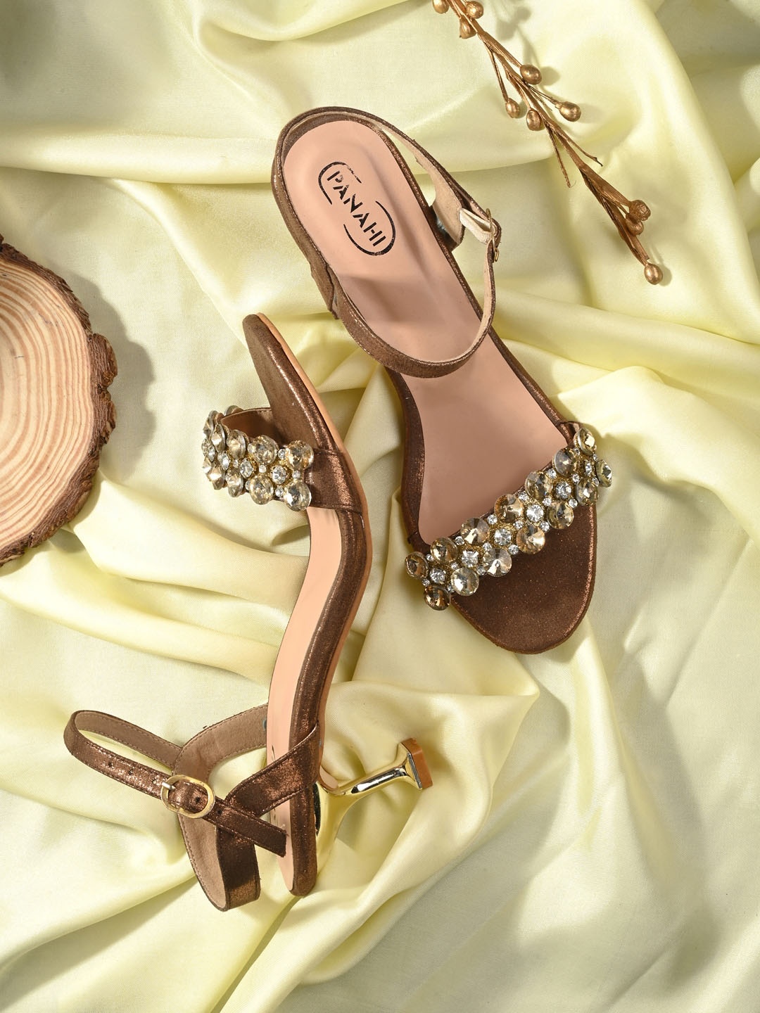 

PANAHI Embellished Open Toe Kitten Heels, Copper