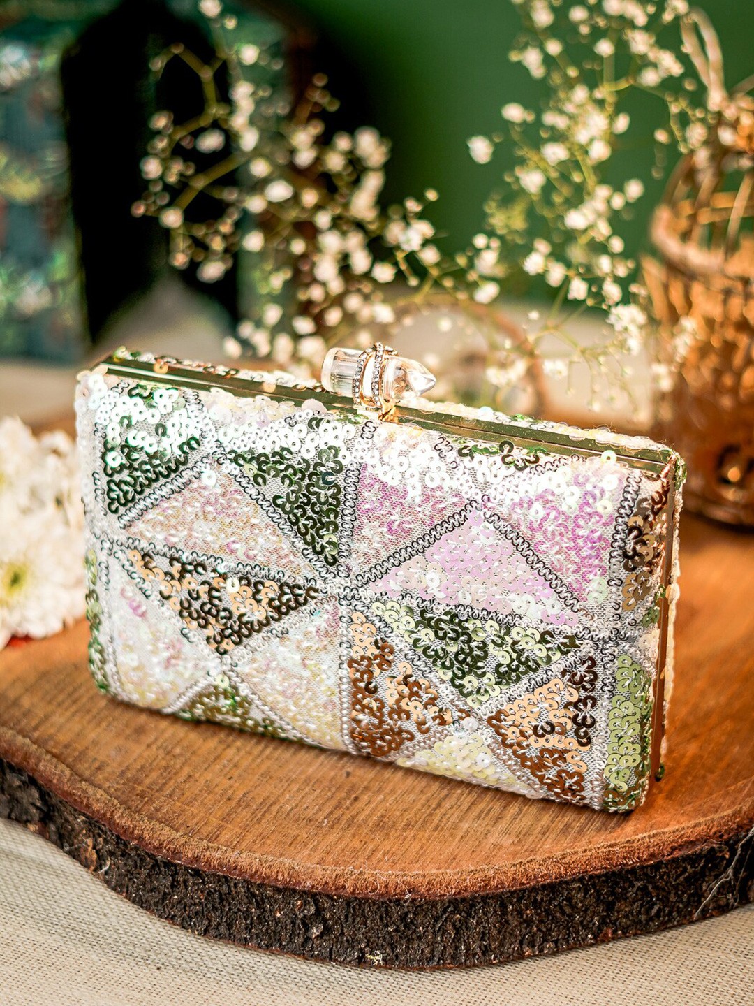 

DressBerry White & Green Embellished Box Clutch