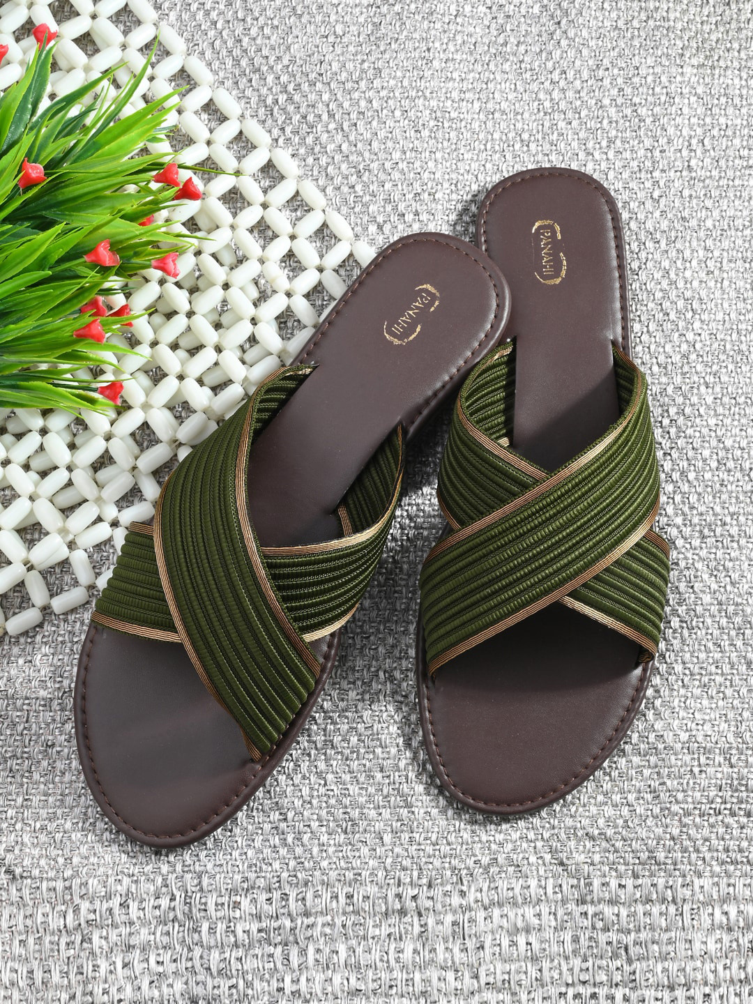 

PANAHI Striped Open Toe Flats, Green