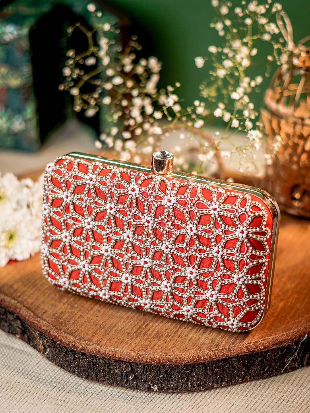

Anouk Red & White Embroidered Box Clutch