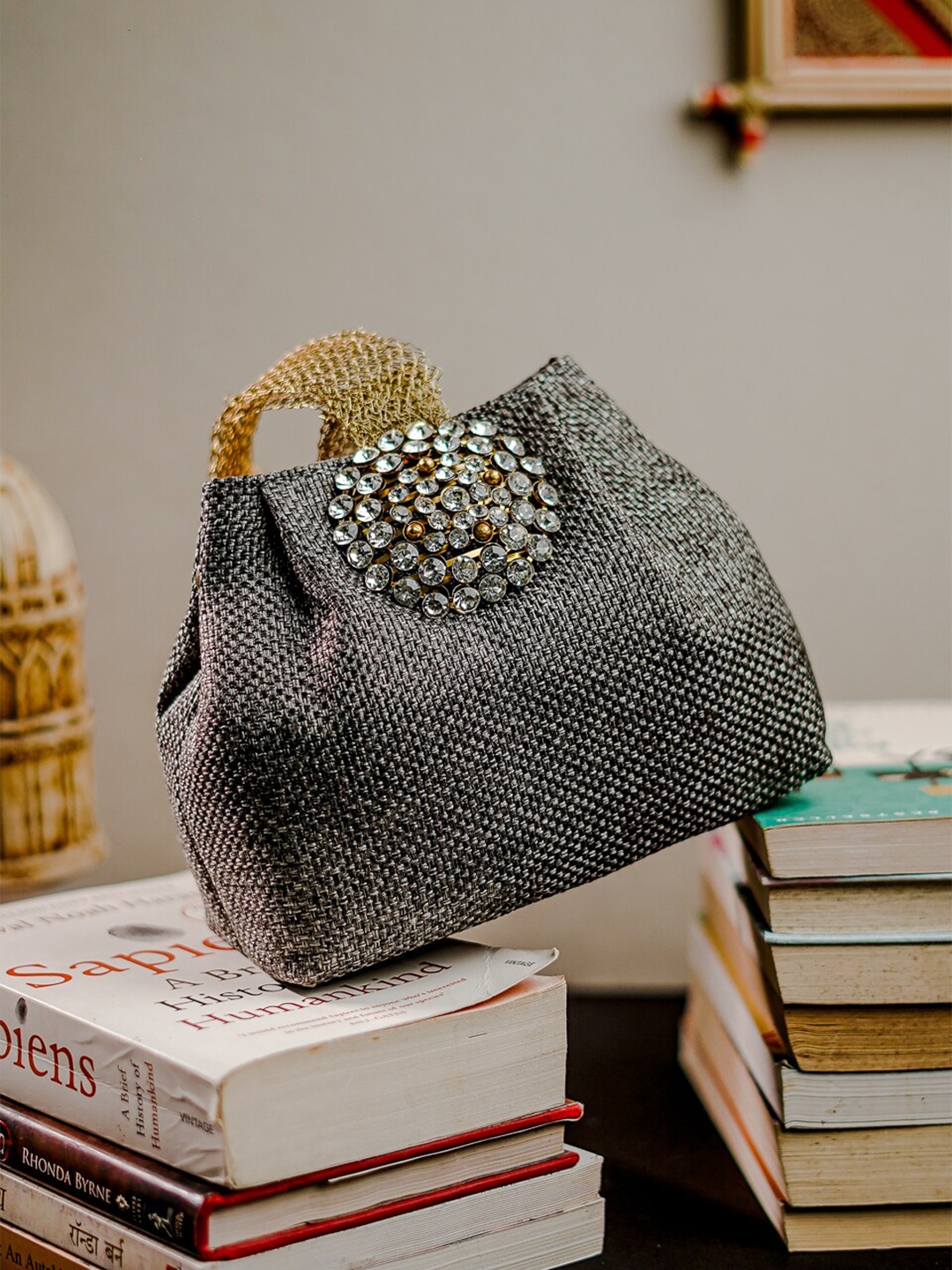 

Anouk Black Embellished Jute Purse Clutch