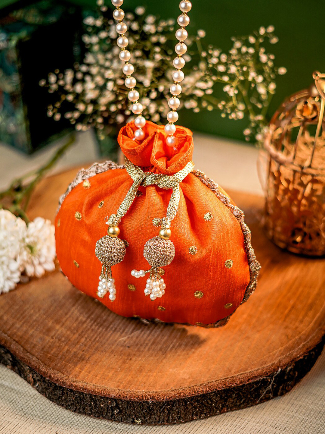 

Anouk Red & Gold-Toned Embroidered Potli Clutch, Orange