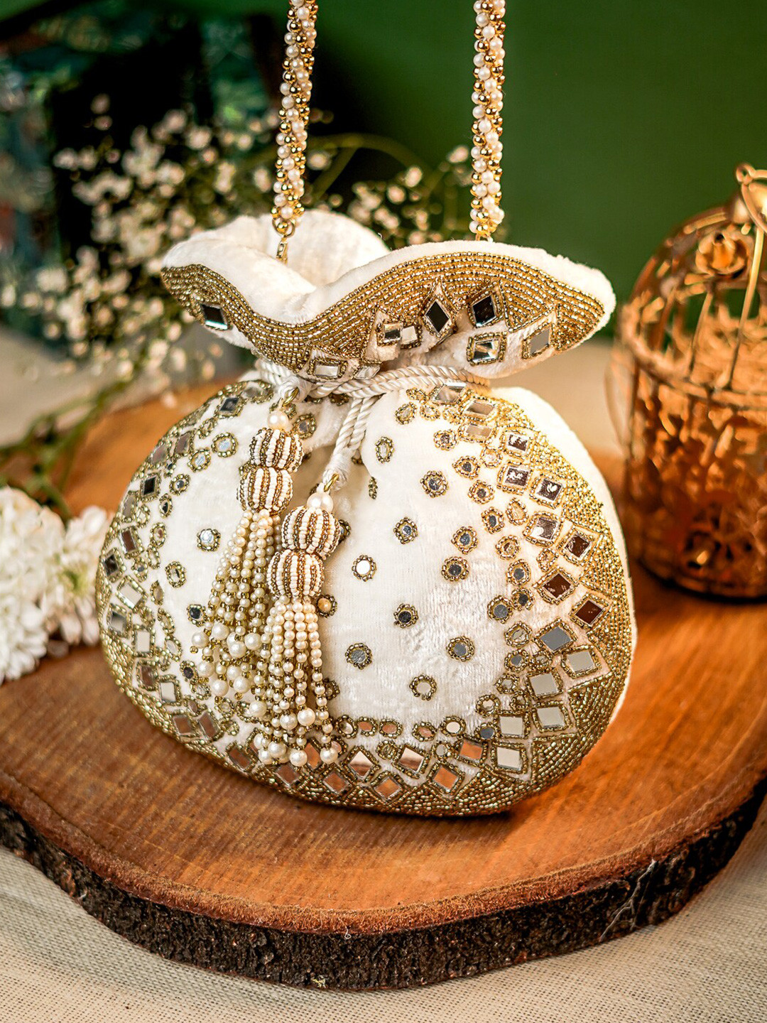 

Anouk White & Gold-Toned Embroidered Potli Clutch