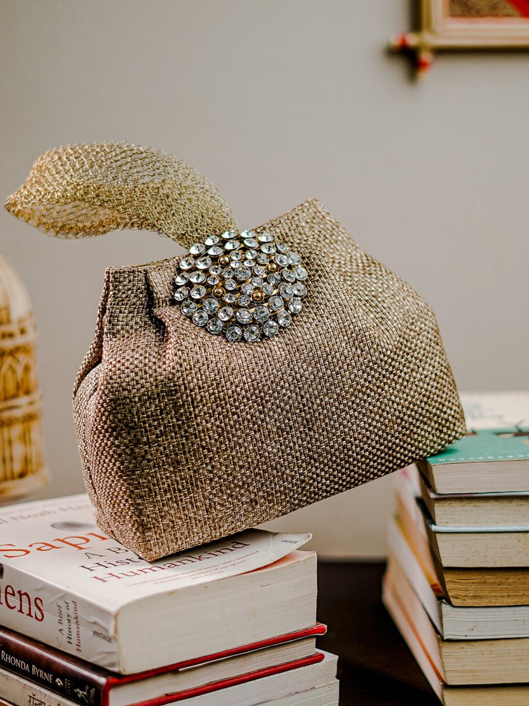 

Anouk Brown & White Embellished Jute Purse Clutch