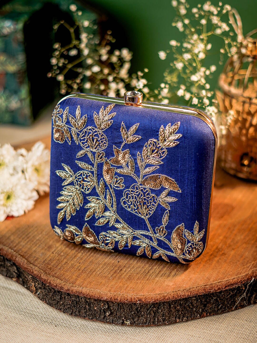 

Anouk Blue & Gold-Toned Embroidered Box Clutch