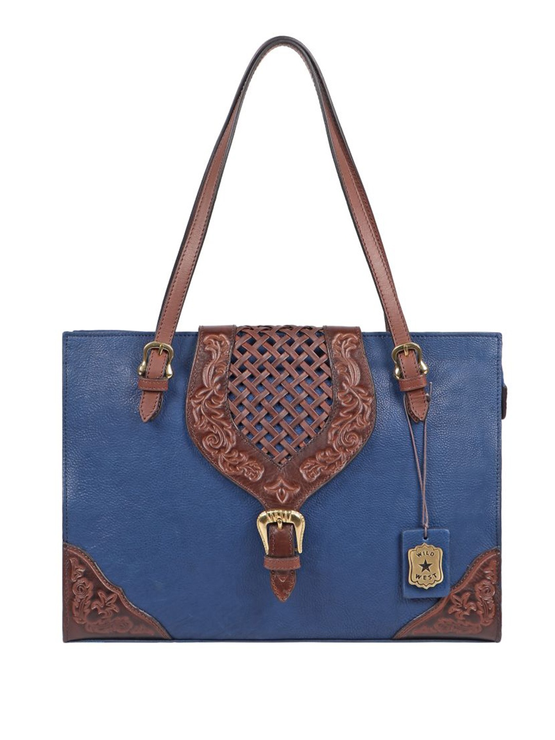 

Hidesign Textured Leather Structured Shoulder Bag with Cut Work, Blue