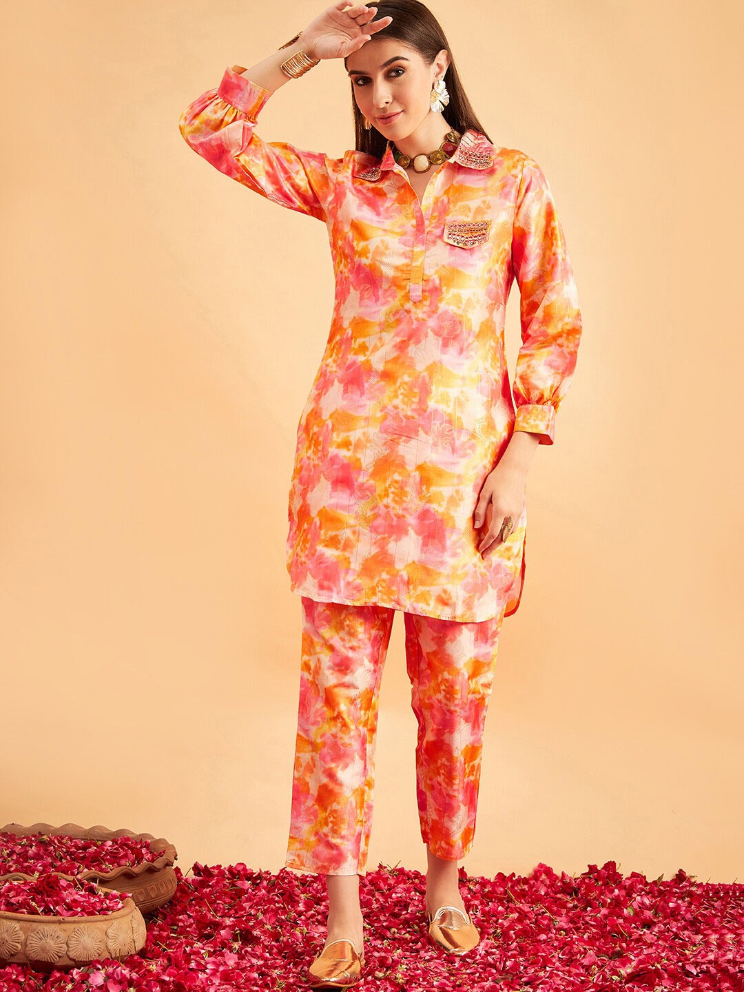 

Sangria Abstract Printed Shirt Collar Pathani Kurta With Trouser, Orange