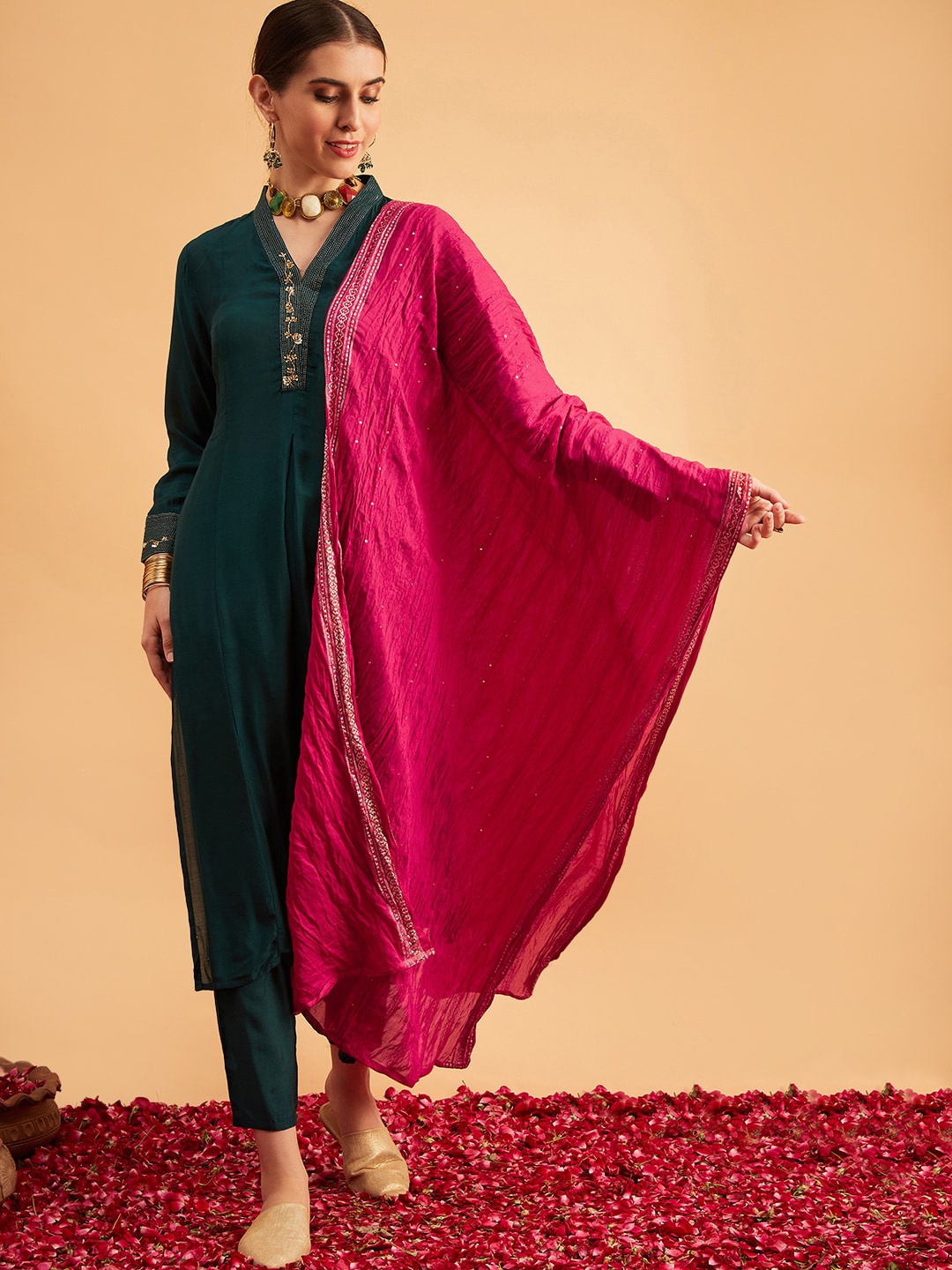 

Sangria V-Neck Sequinned Straight Kurta With Trouser & Dupatta, Teal