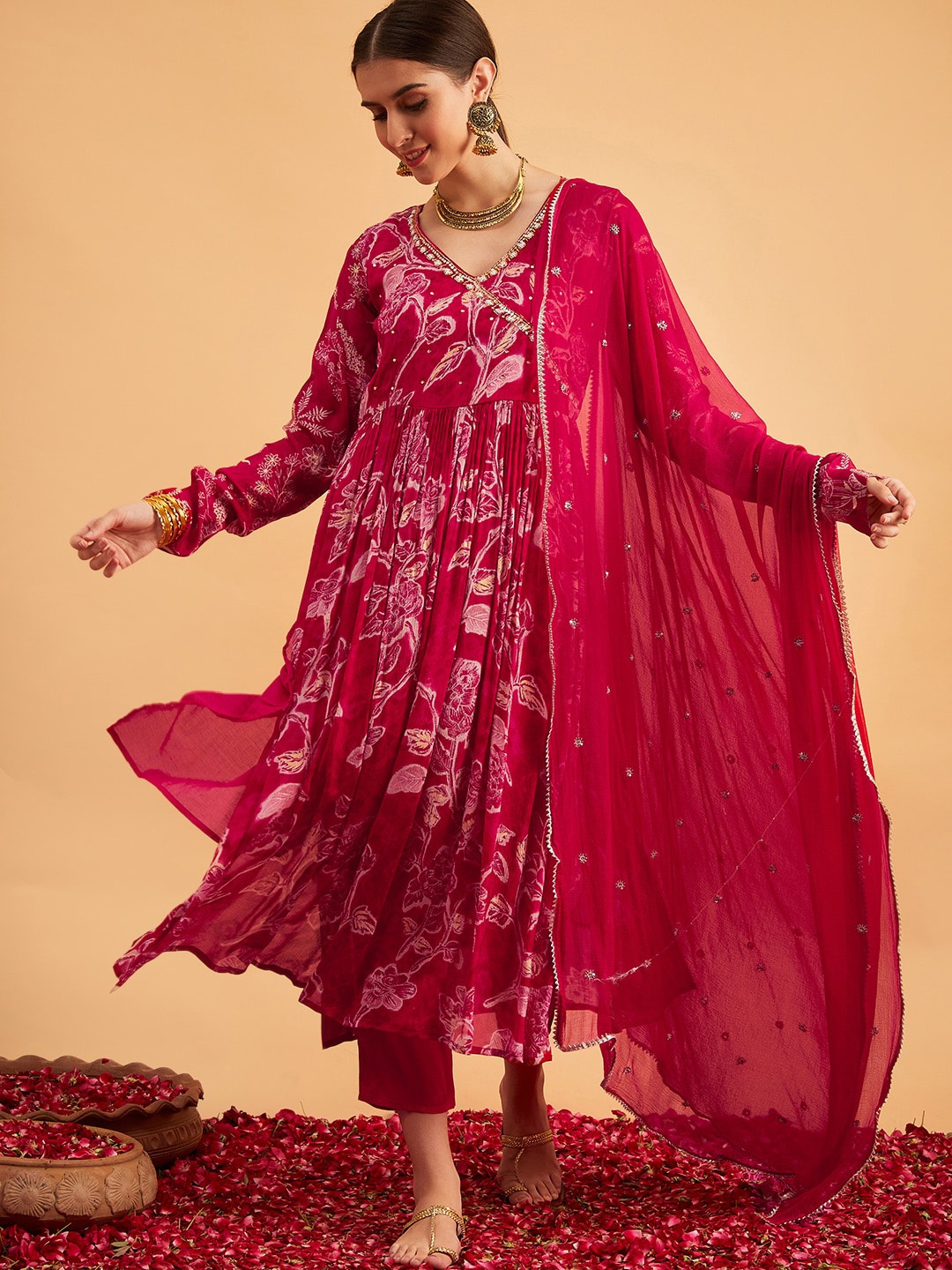 

Sangria Magenta Floral Printed Sequined Angrakha Anarkali Kurta & Trouser With Dupatta