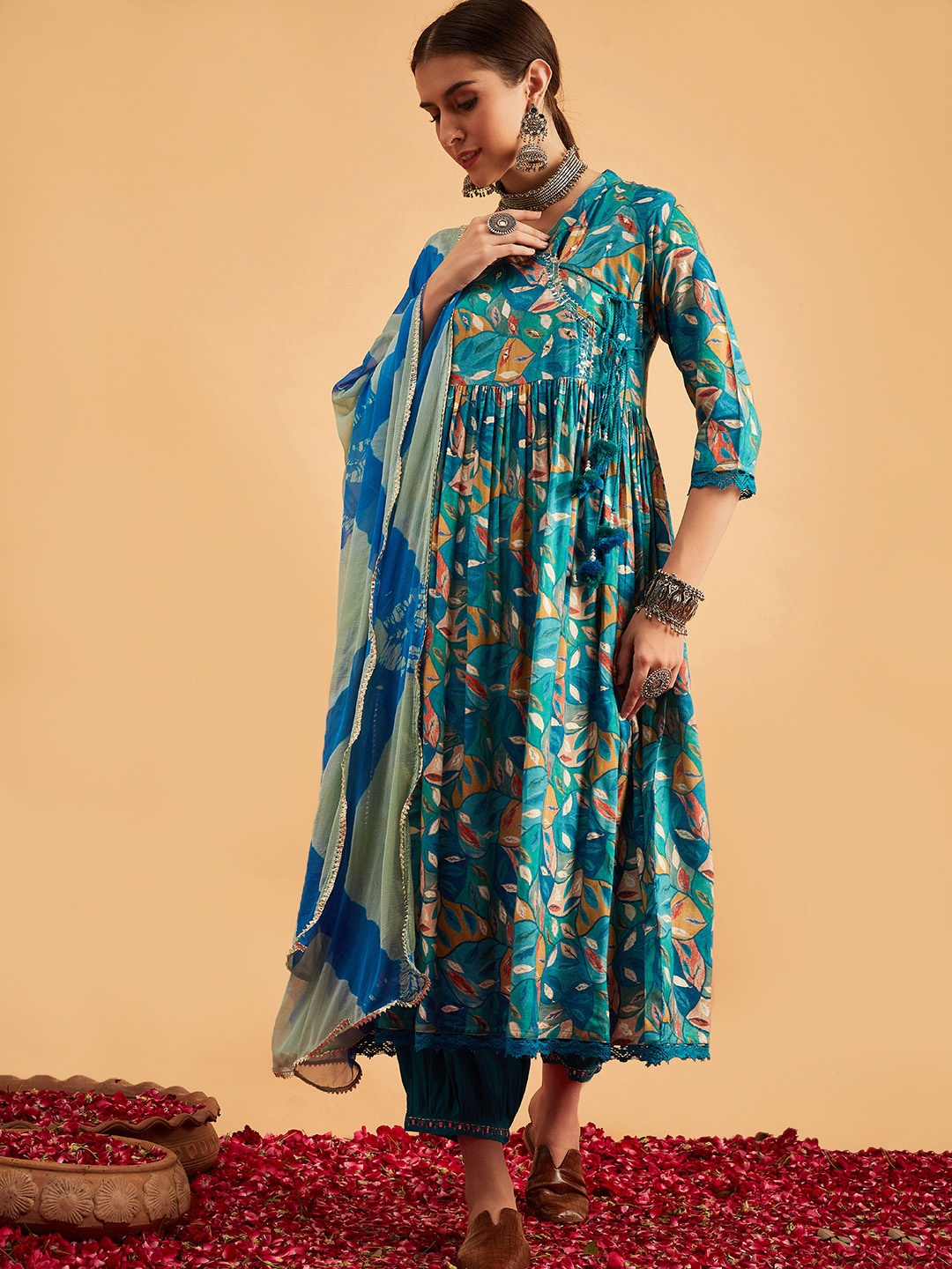 

Sangria Floral Printed Anarkali Kurta With Salwar & Dupatta, Turquoise blue