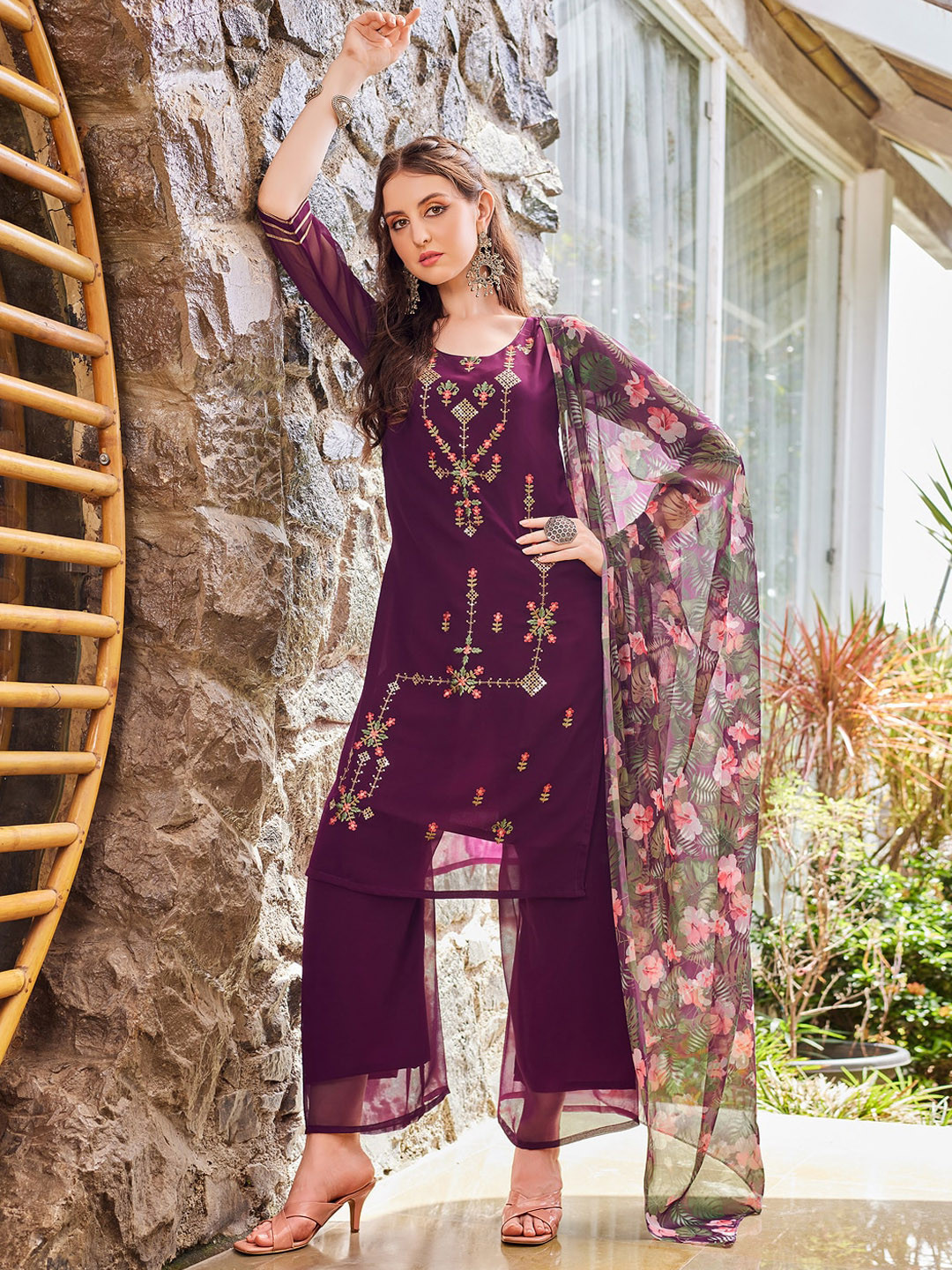 

KALINI Floral Embroidered Regular Thread Work Kurta with Palazzos & Dupatta, Purple