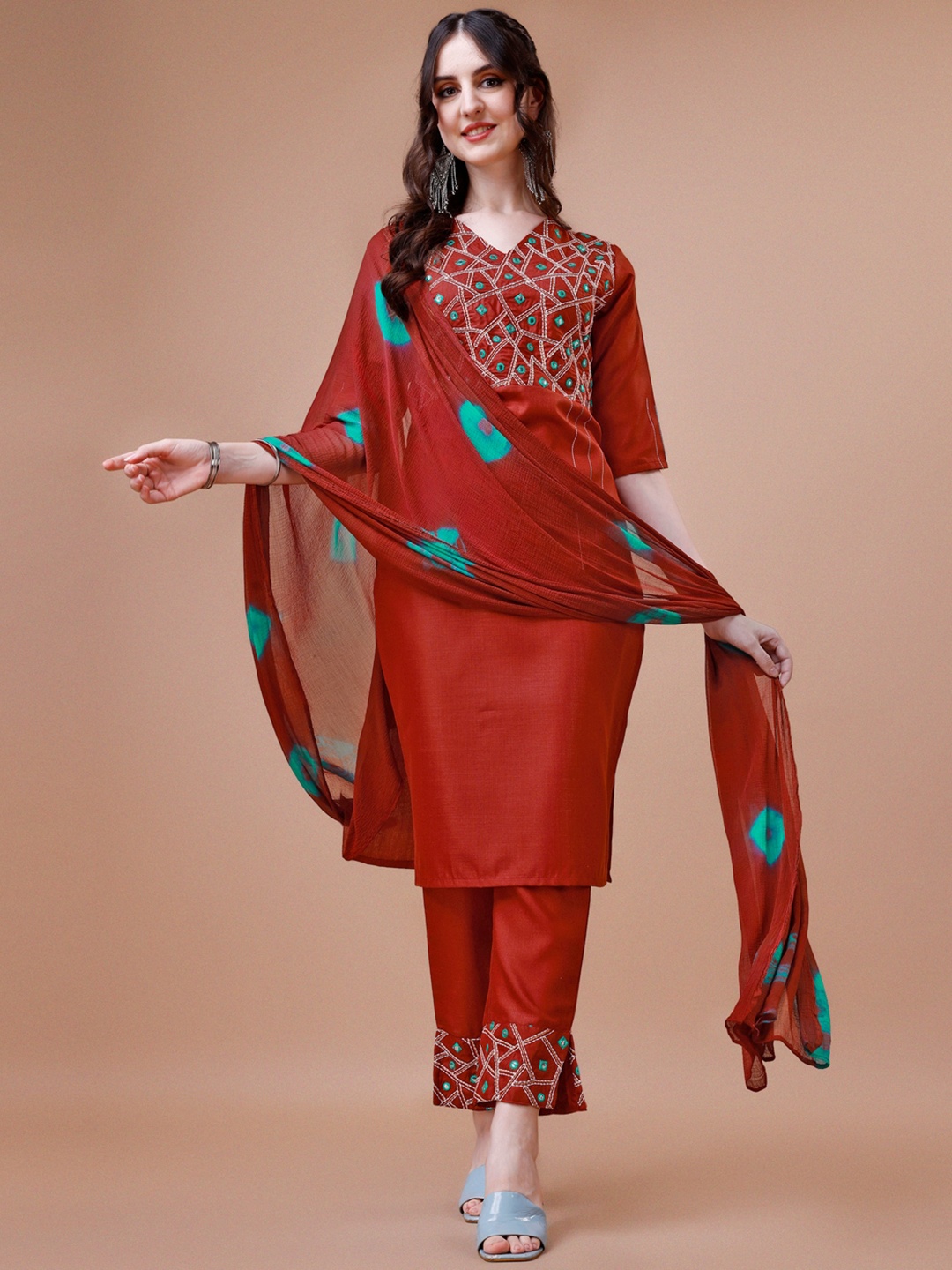 KALINI Ethnic Motifs Yoke Design Mirror Work Kurta & Trousers With Dupatta, Red