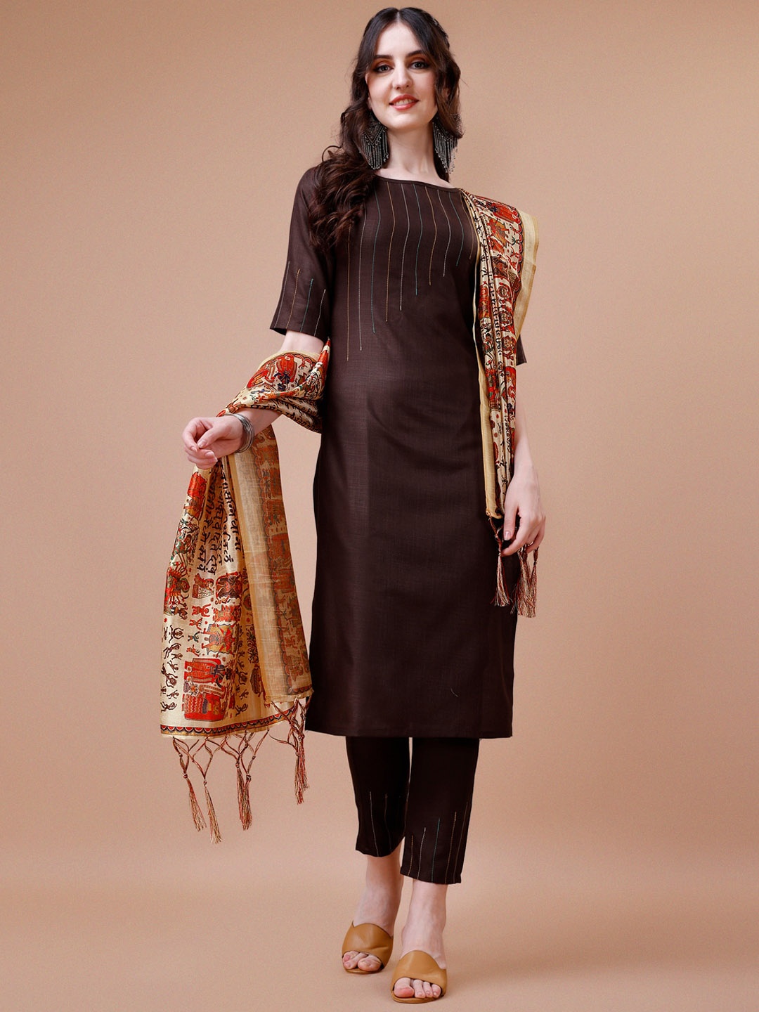 

KALINI Regular Thread Work Kurta with Trousers & Dupatta, Brown