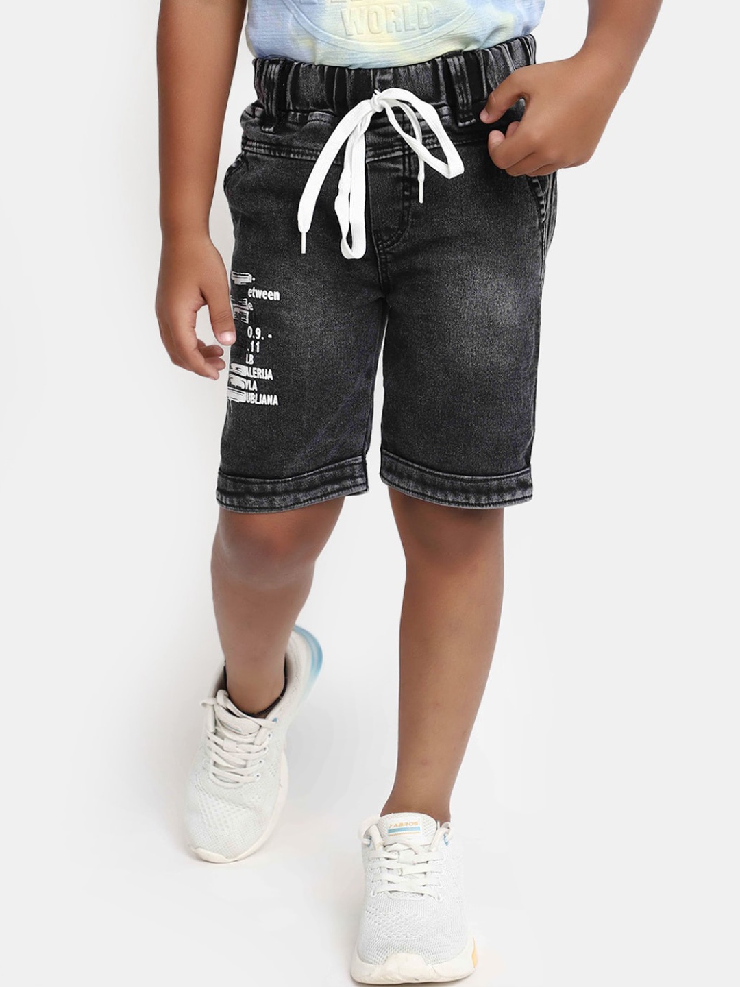 

V-Mart Boys Printed Washed Cotton Denim Shorts, Grey