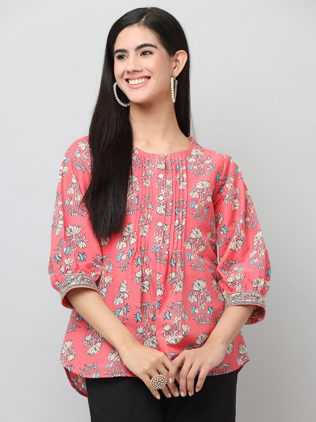 

SAVI Floral Printed Puff Sleeve Cotton Top, Pink