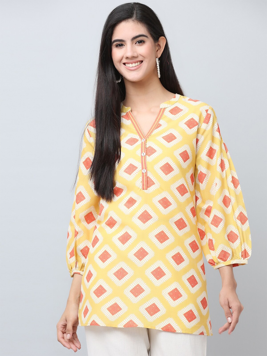 

SAVI Geometric Printed Mandarin Collar Puff Sleeve Tunic, Yellow