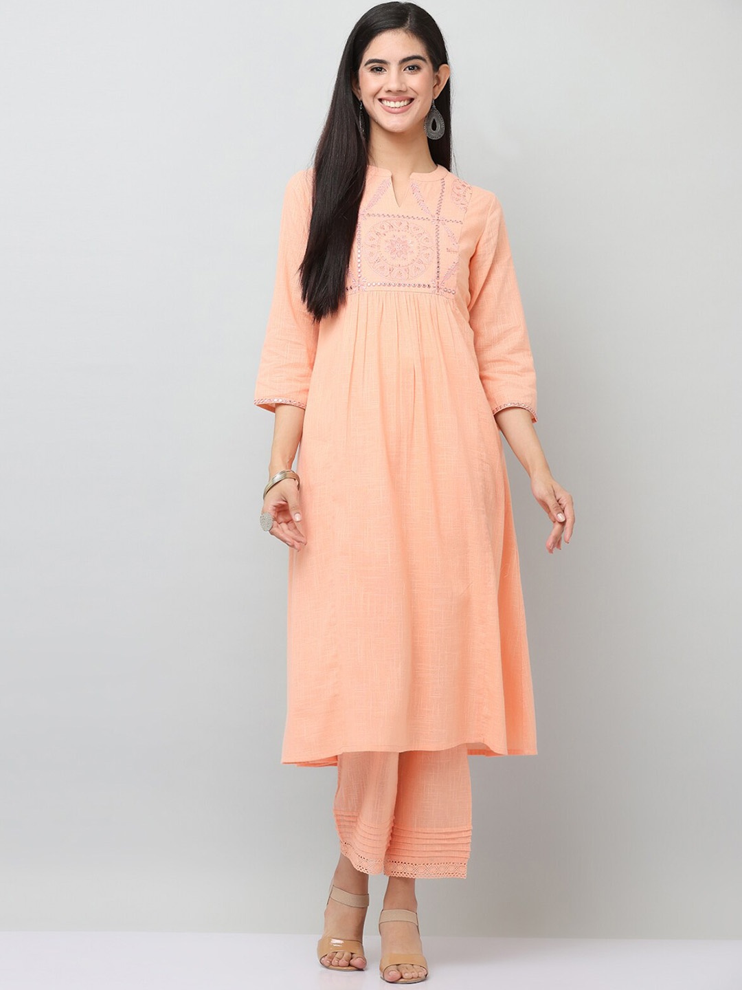 

SAVI Cotton Embroidered A Line Kurta & Trousers Set, Peach