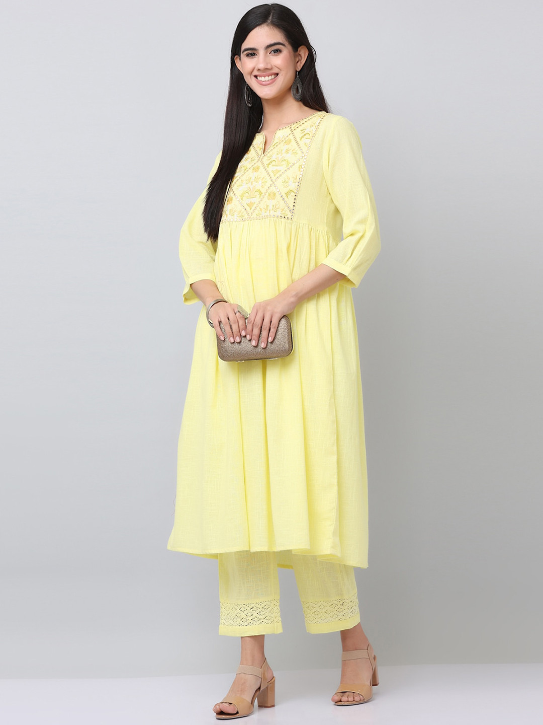 

SAVI Cotton Embroidered A Line Kurta & Trousers Set, Yellow