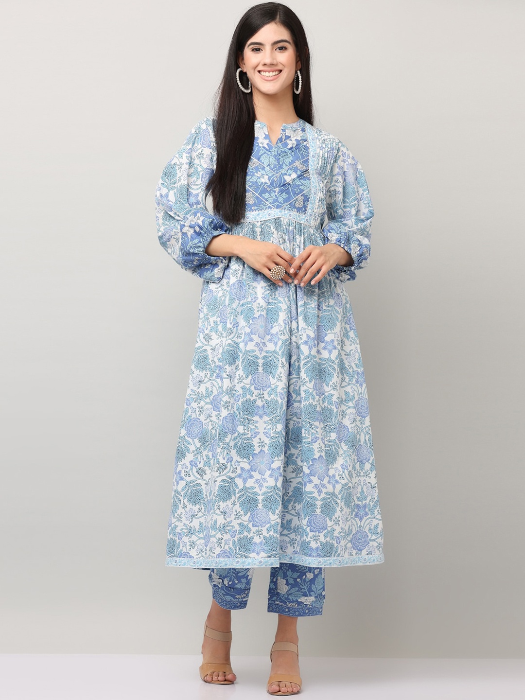 

SAVI Cotton Printed A Line Kurta & Trousers Set, Blue