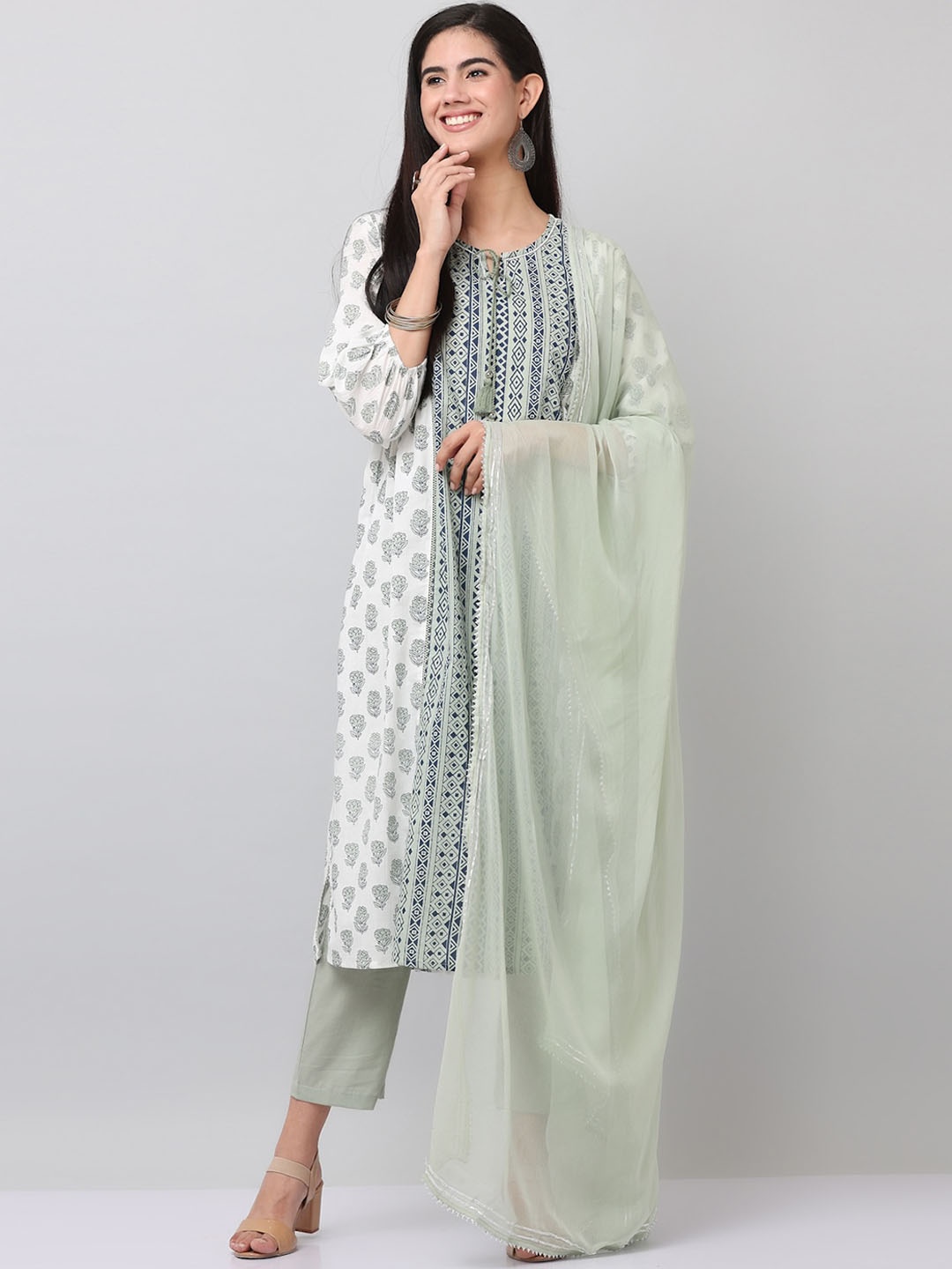 

SAVI Cotton Printed Straight Kurta & Trousers Set With Dupatta, White