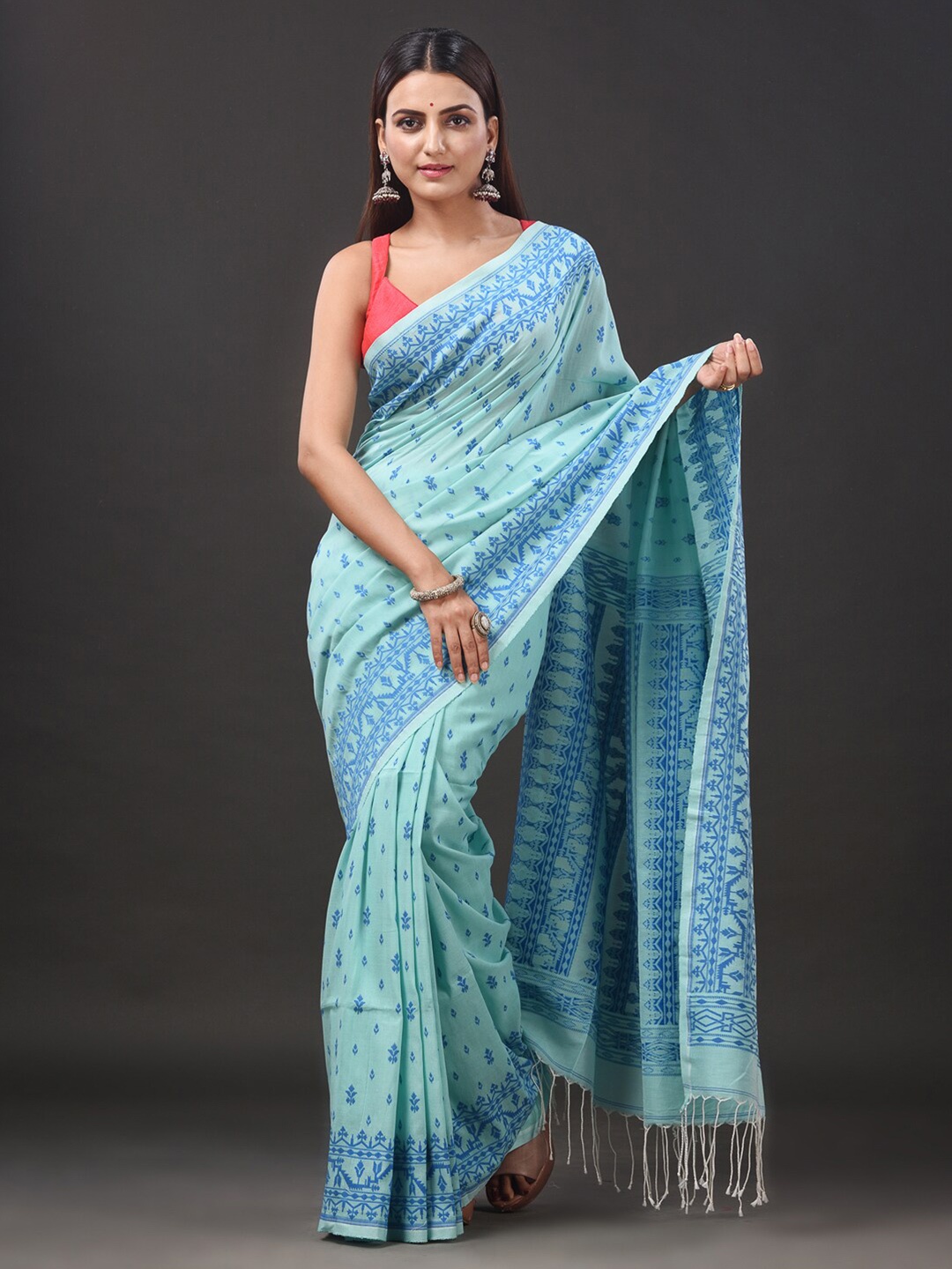 

SAJASAJO Ethnic Motifs Woven Design Pure Cotton Saree, Blue