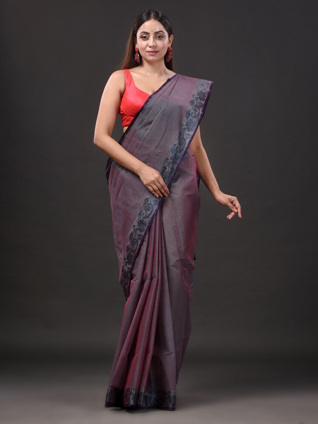 

SAJASAJO Pure Cotton Taant Saree, Purple