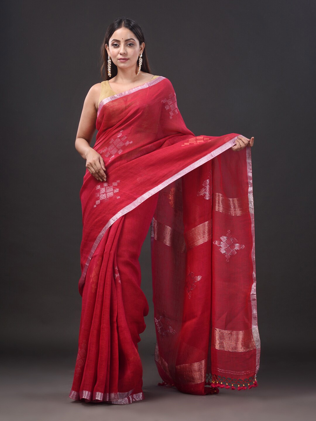 

SAJASAJO Ethnic Motifs Woven Design Zari Pure Linen Saree, Pink