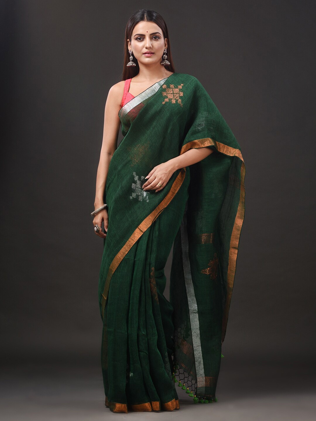 

SAJASAJO Ethnic Motifs Woven Design Zari Pure Linen Saree, Green