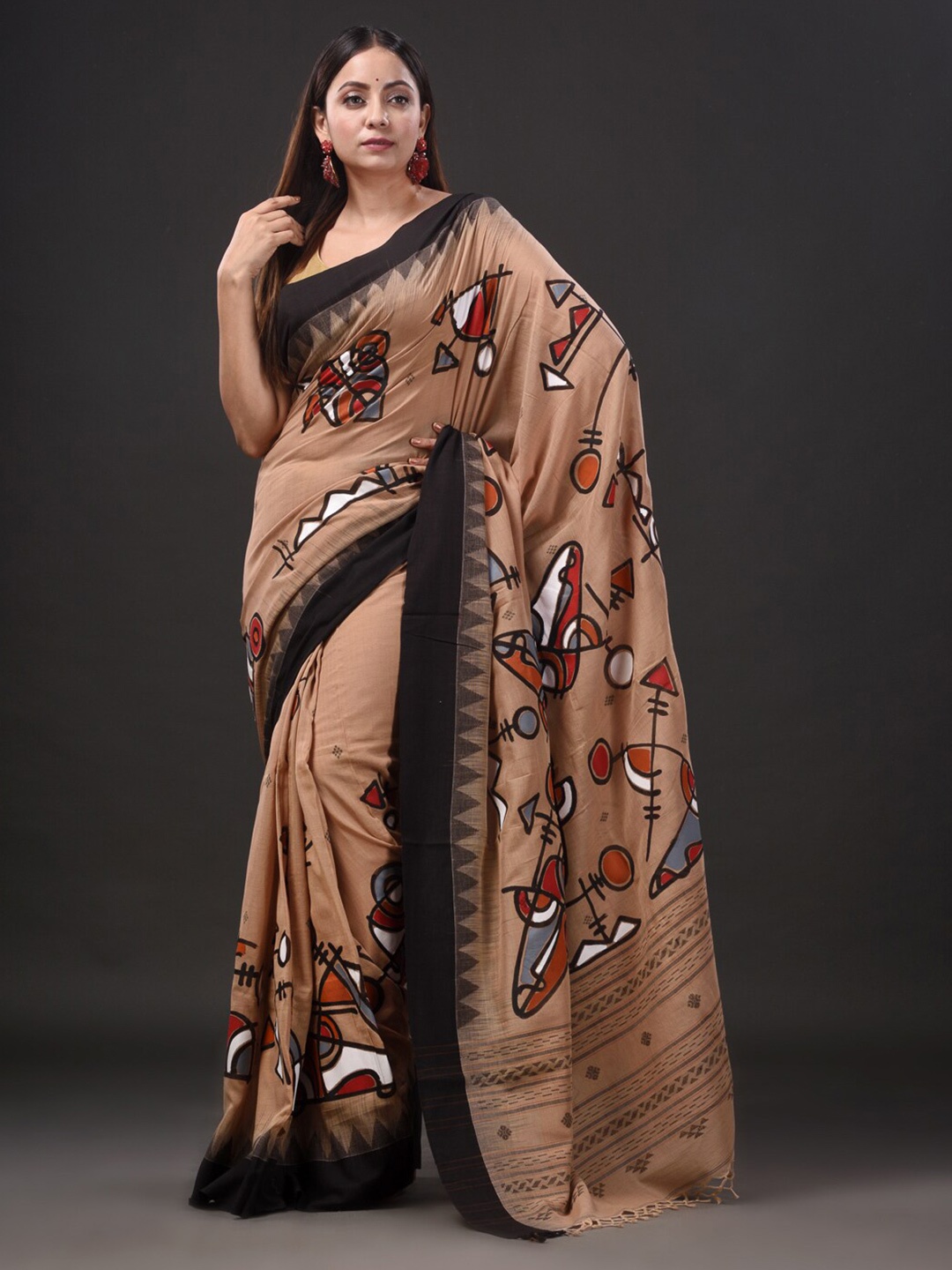 

SAJASAJO Ethnic Motifs Printed Pure Cotton Saree, Beige