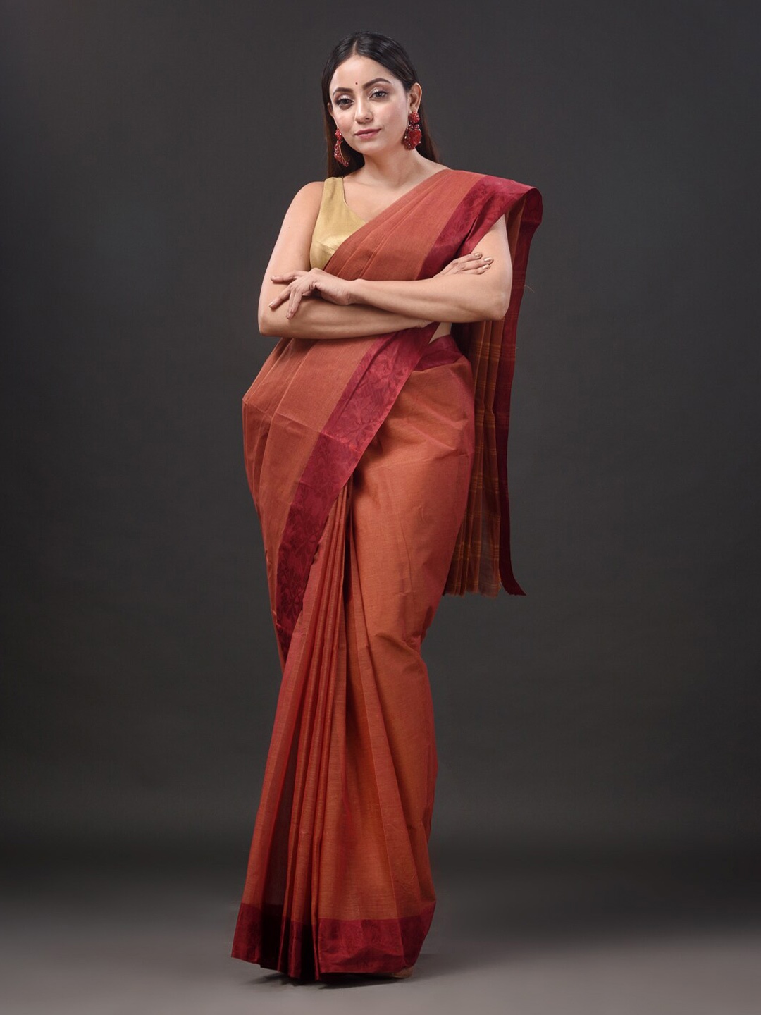 

SAJASAJO Woven Design Pure Cotton Taant Saree, Rust