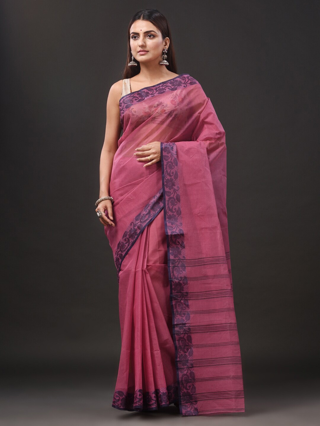 

SAJASAJO Woven Design Pure Cotton Taant Saree, Pink