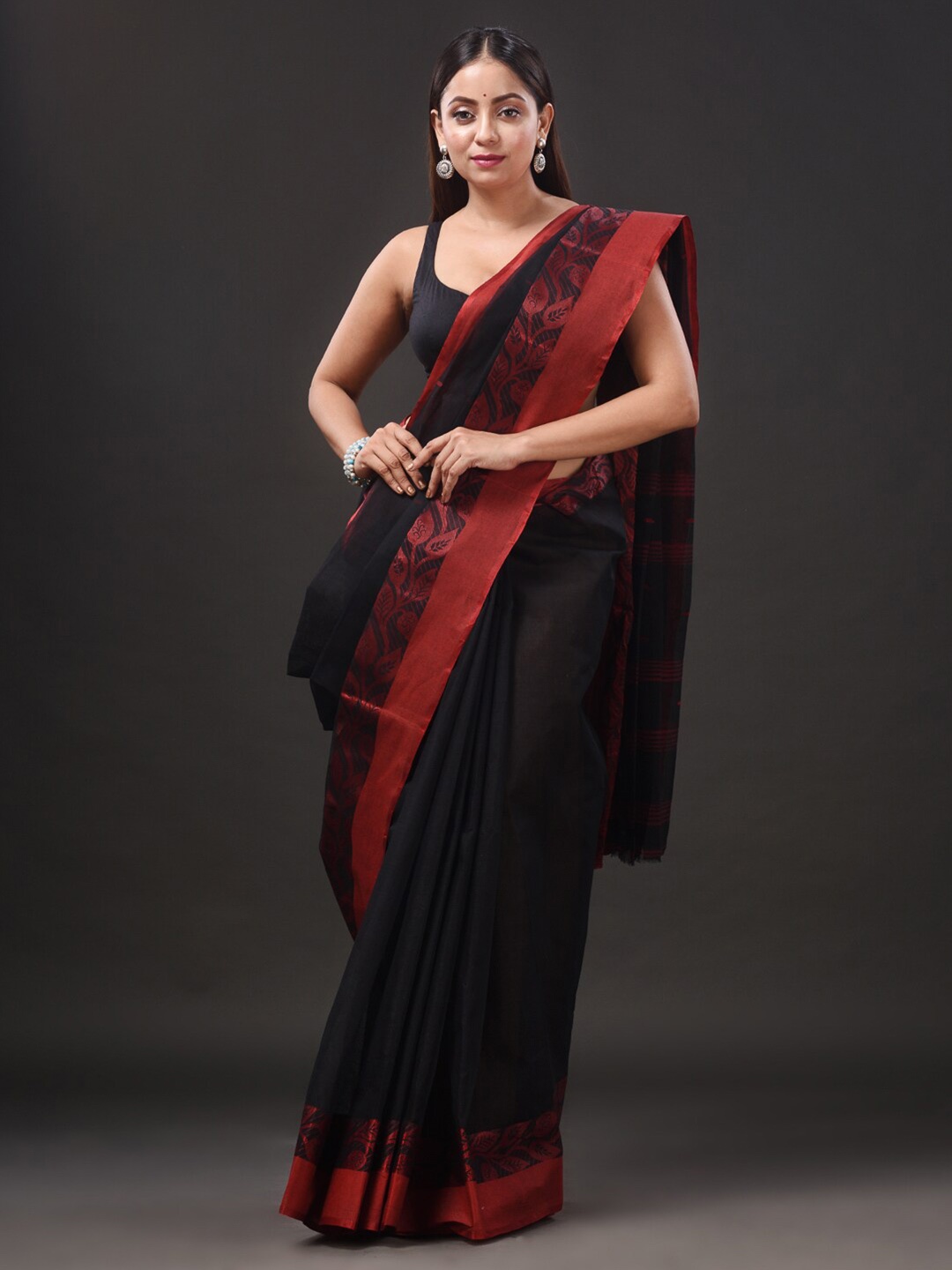 

SAJASAJO Pure Cotton Taant Saree, Black