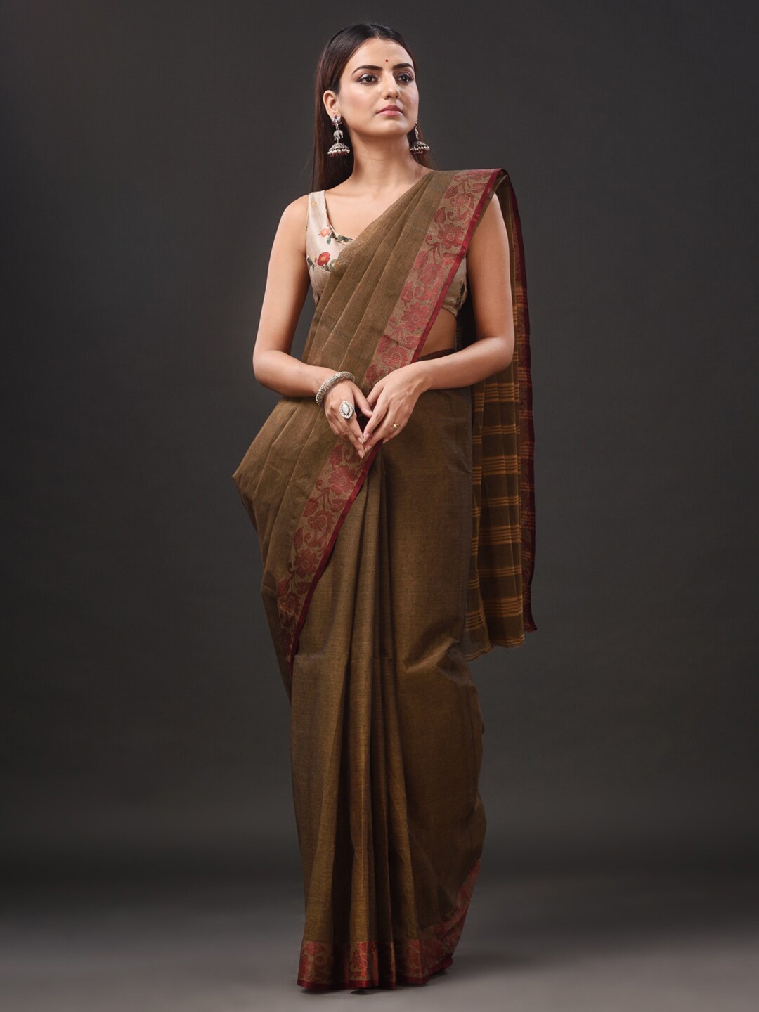 

SAJASAJO Pure Cotton Taant Saree, Rust