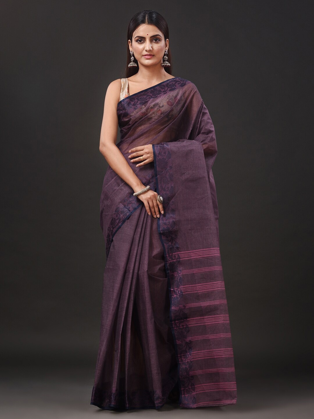 

SAJASAJO Woven Design Pure Cotton Taant Saree, Purple