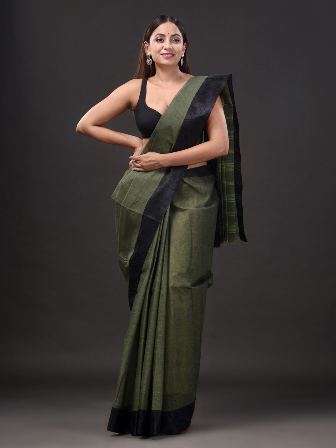 

SAJASAJO Pure Cotton Taant Saree, Green