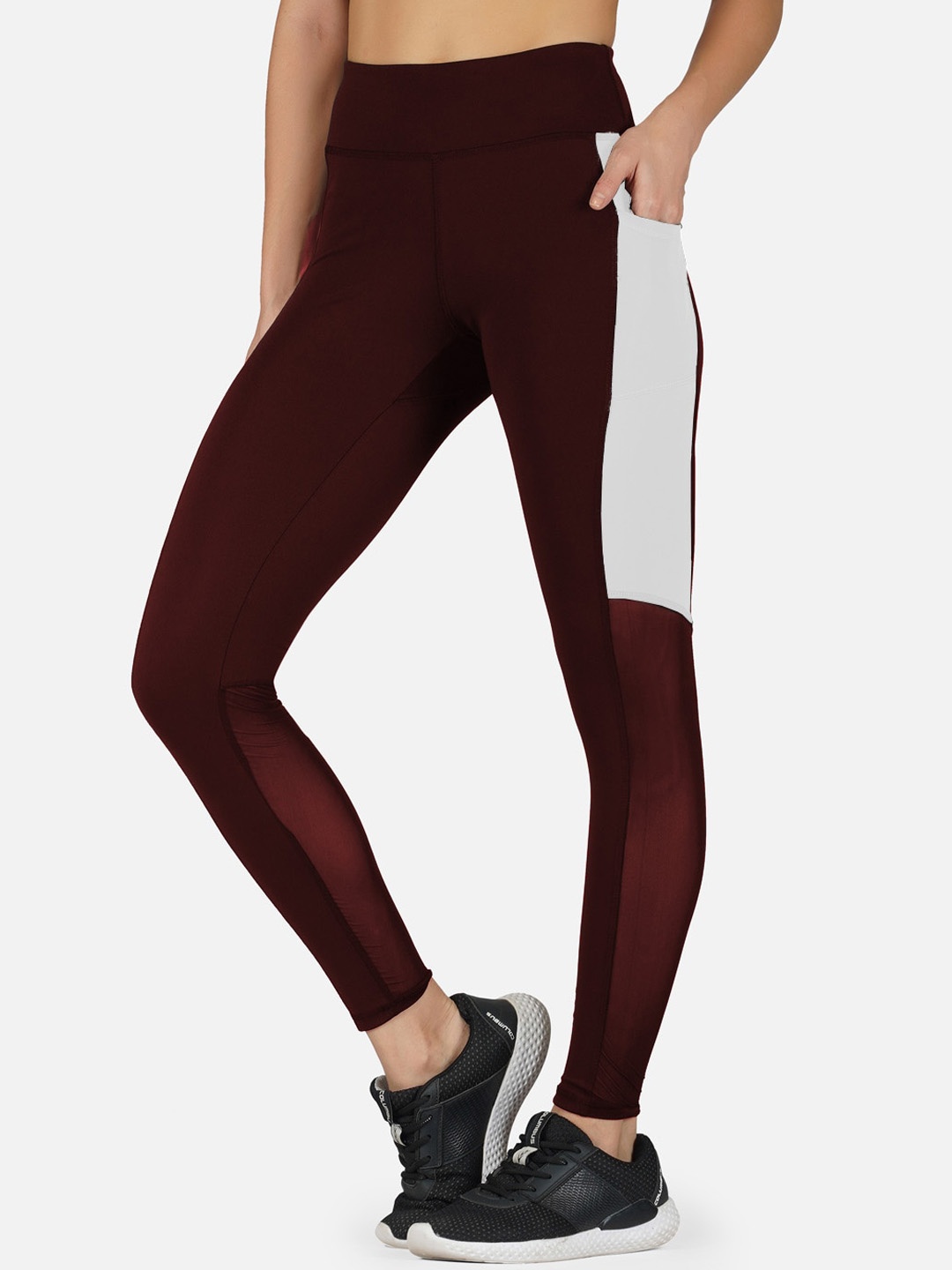 

IMPERATIVE Women Colourblocked High Rise Slim Fit Antimicrobial Ankle Length Gym Tights, Maroon
