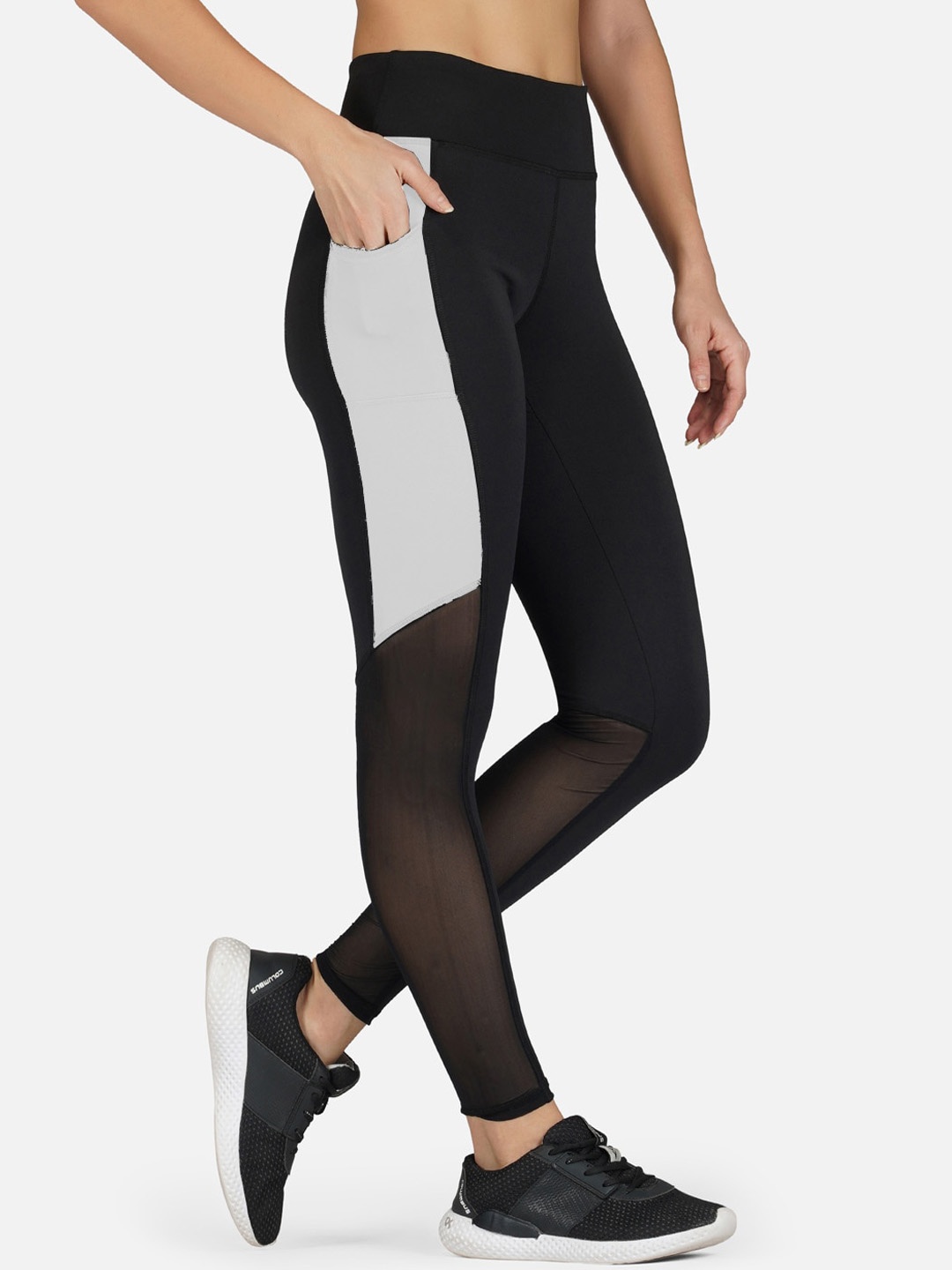 

IMPERATIVE Women Colourblocked High Rise Slim Fit Antimicrobial Ankle Length Gym Tights, Black