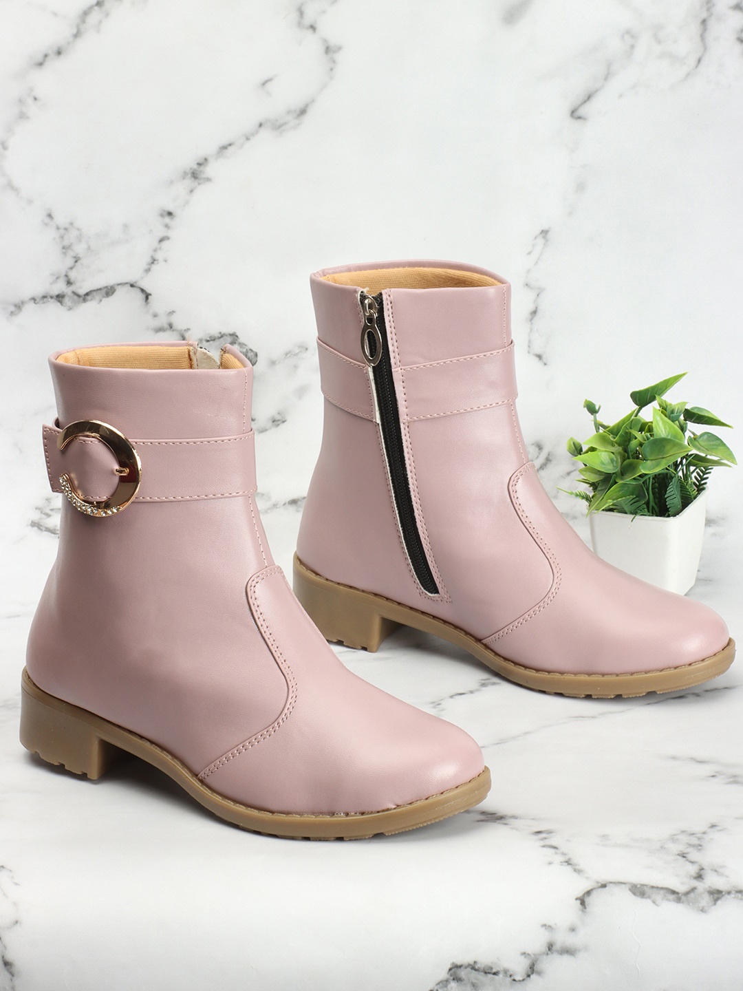 

OPHELIA Women Buckle Embellished Heeled Mid-Top Regular Boots, Pink