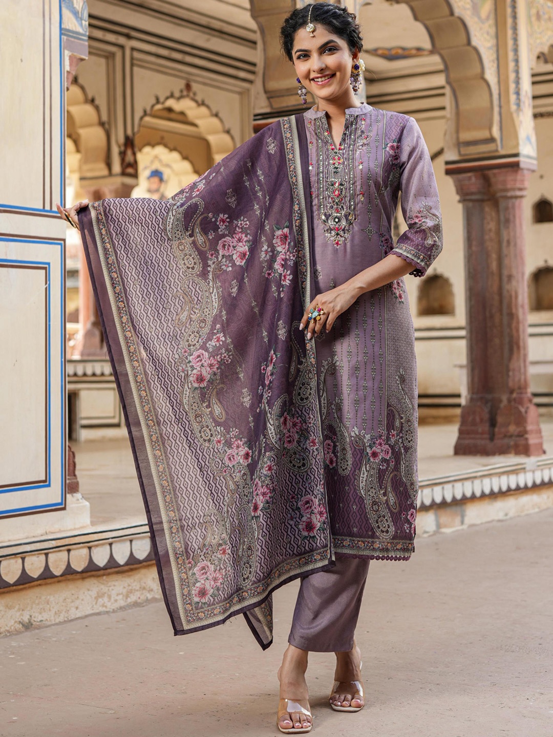 

SCAKHI Floral Printed Beads & Stones Chanderi Silk Kurta with Trousers & Dupatta, Purple