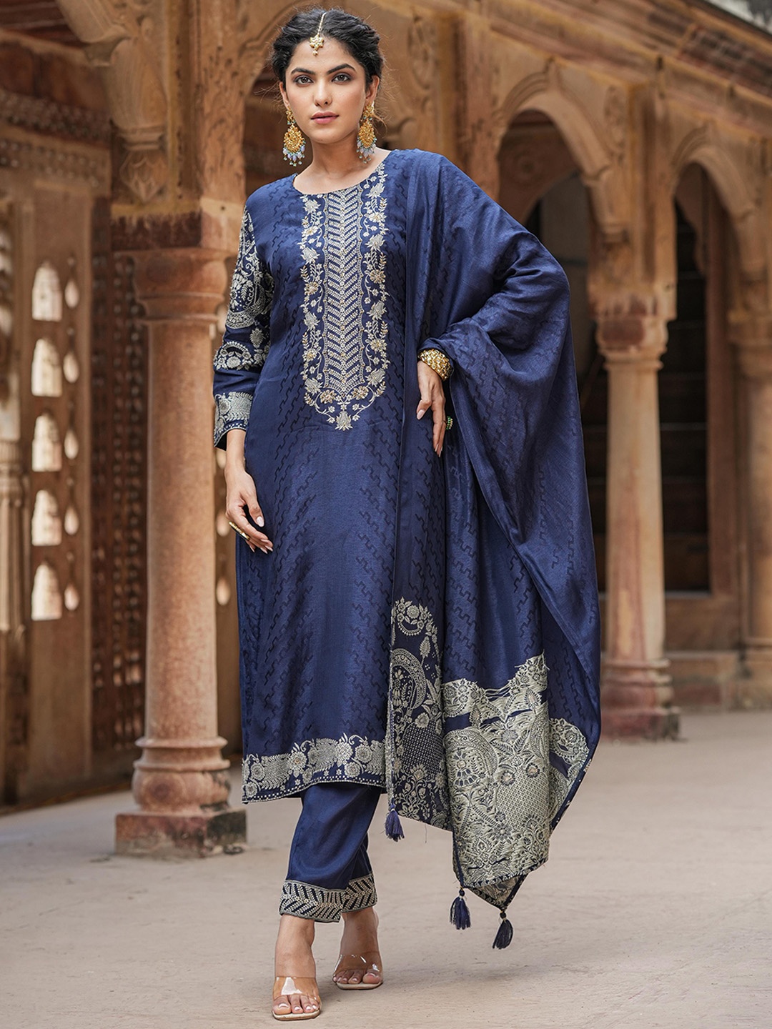 

SCAKHI Floral Woven Design Pure Silk Kurta & Trousers With Dupatta, Navy blue
