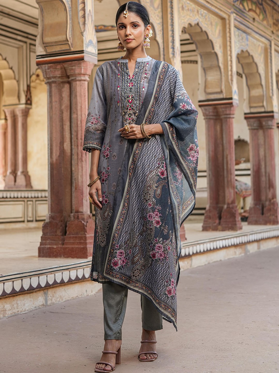 

SCAKHI Floral Printed Beads and Stones Chanderi Silk Kurta With Trousers & Dupatta, Grey