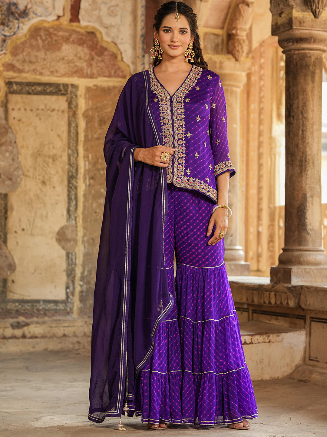 

SCAKHI Leheriya Regular Gotta Patti Silk Crepe Kurti With Sharara & Dupatta, Purple