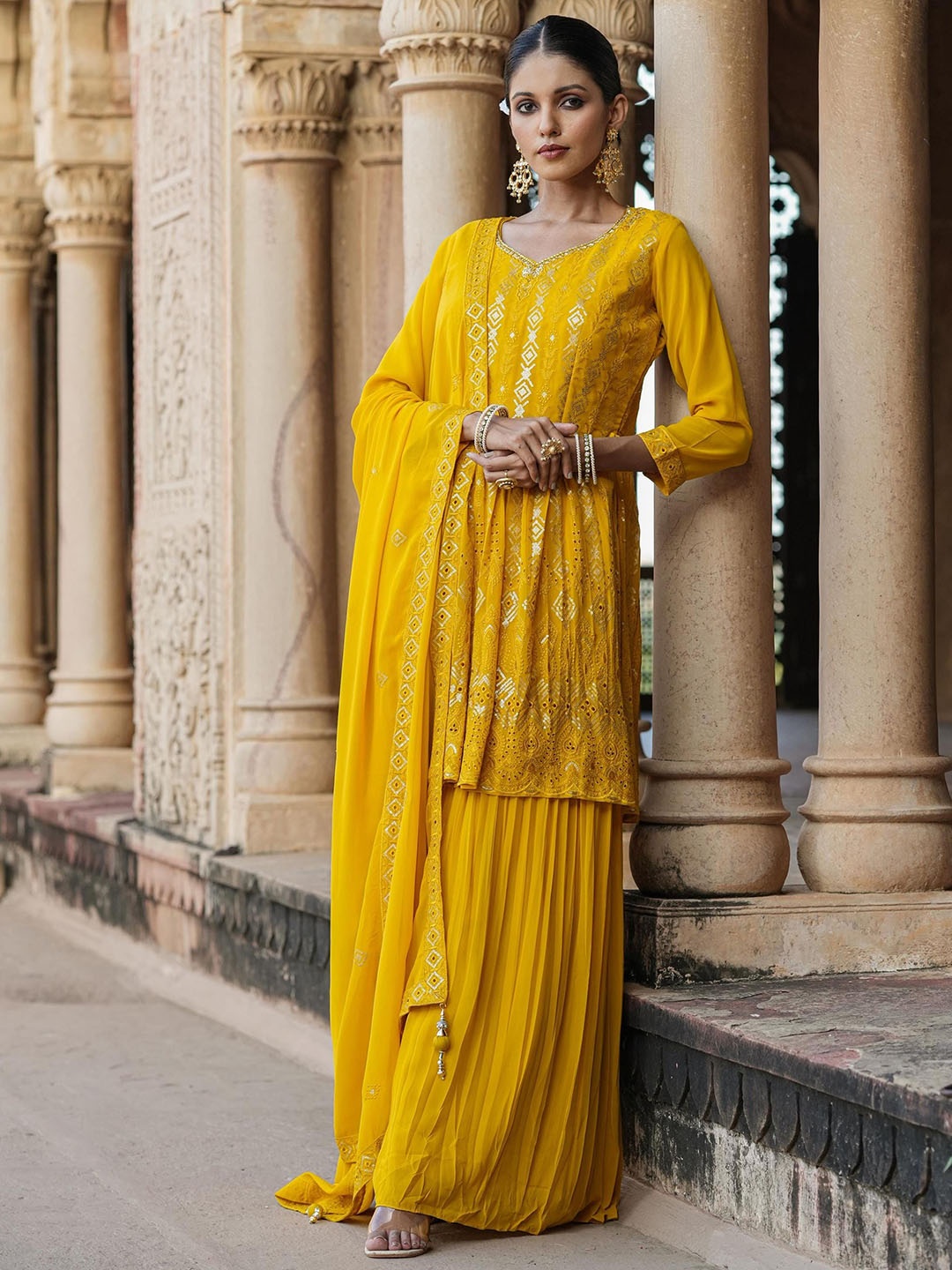 

SCAKHI Embroidered Sequinned A-Line Kurti with Palazzos & Dupatta, Mustard