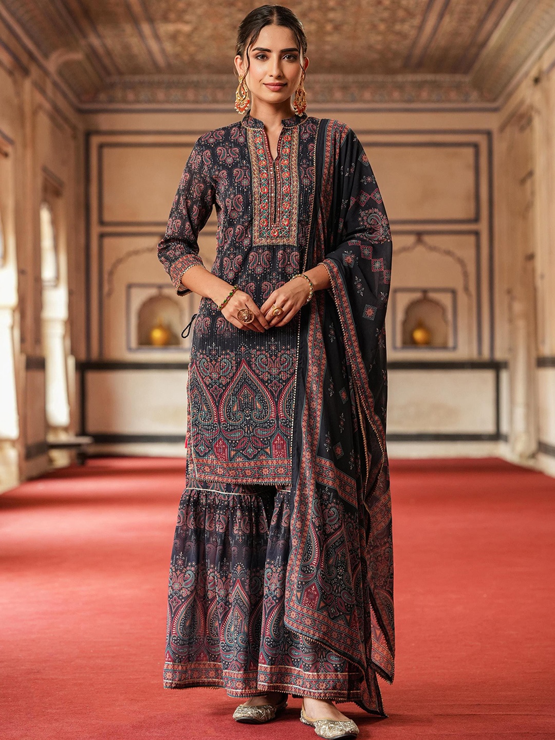 

SCAKHI Paisley Printed Sequinned Kurti with Sharara & With Dupatta, Navy blue