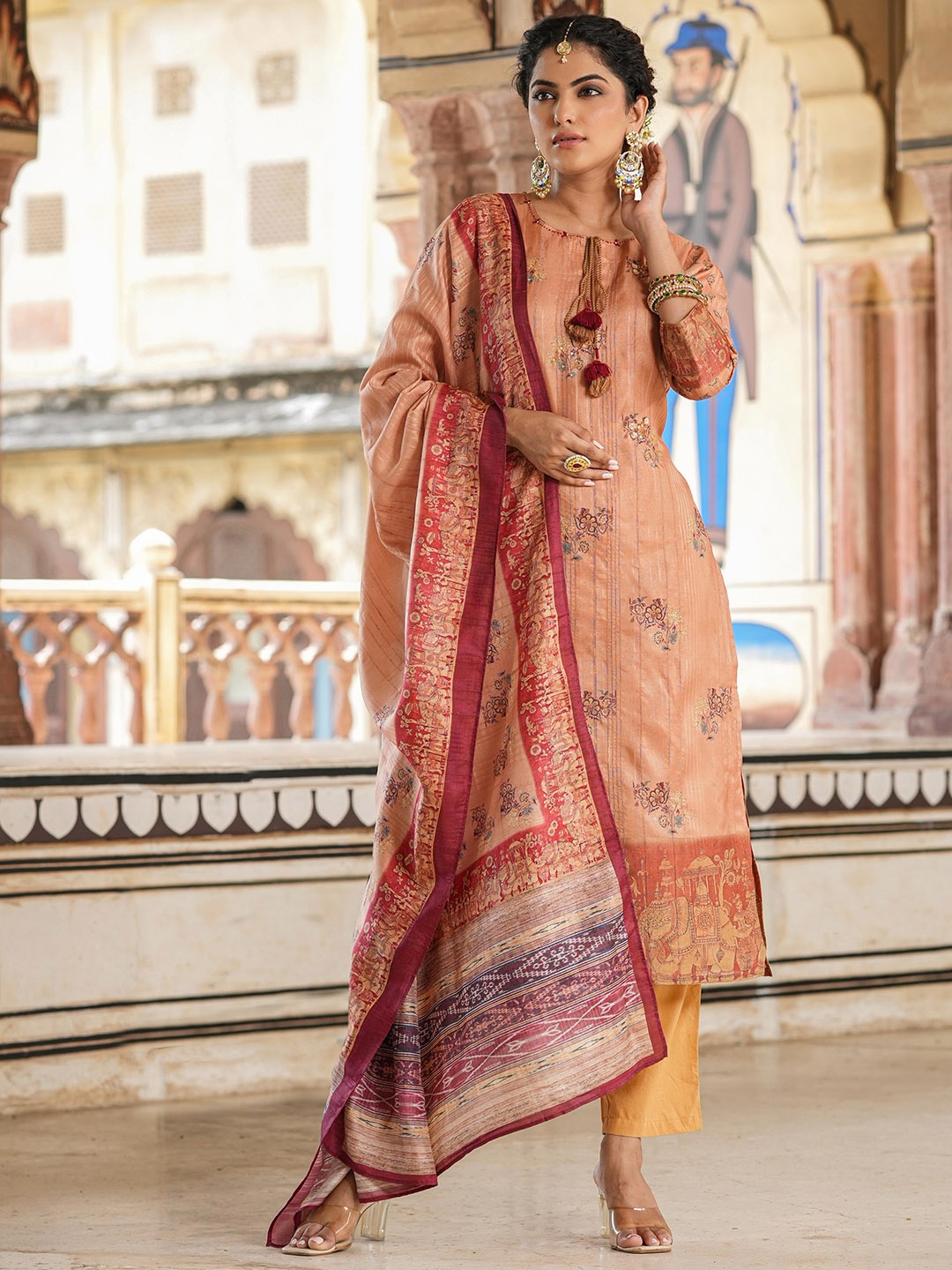 

SCAKHI Floral Printed Mirror Work Kurta With Trousers & Dupatta, Beige