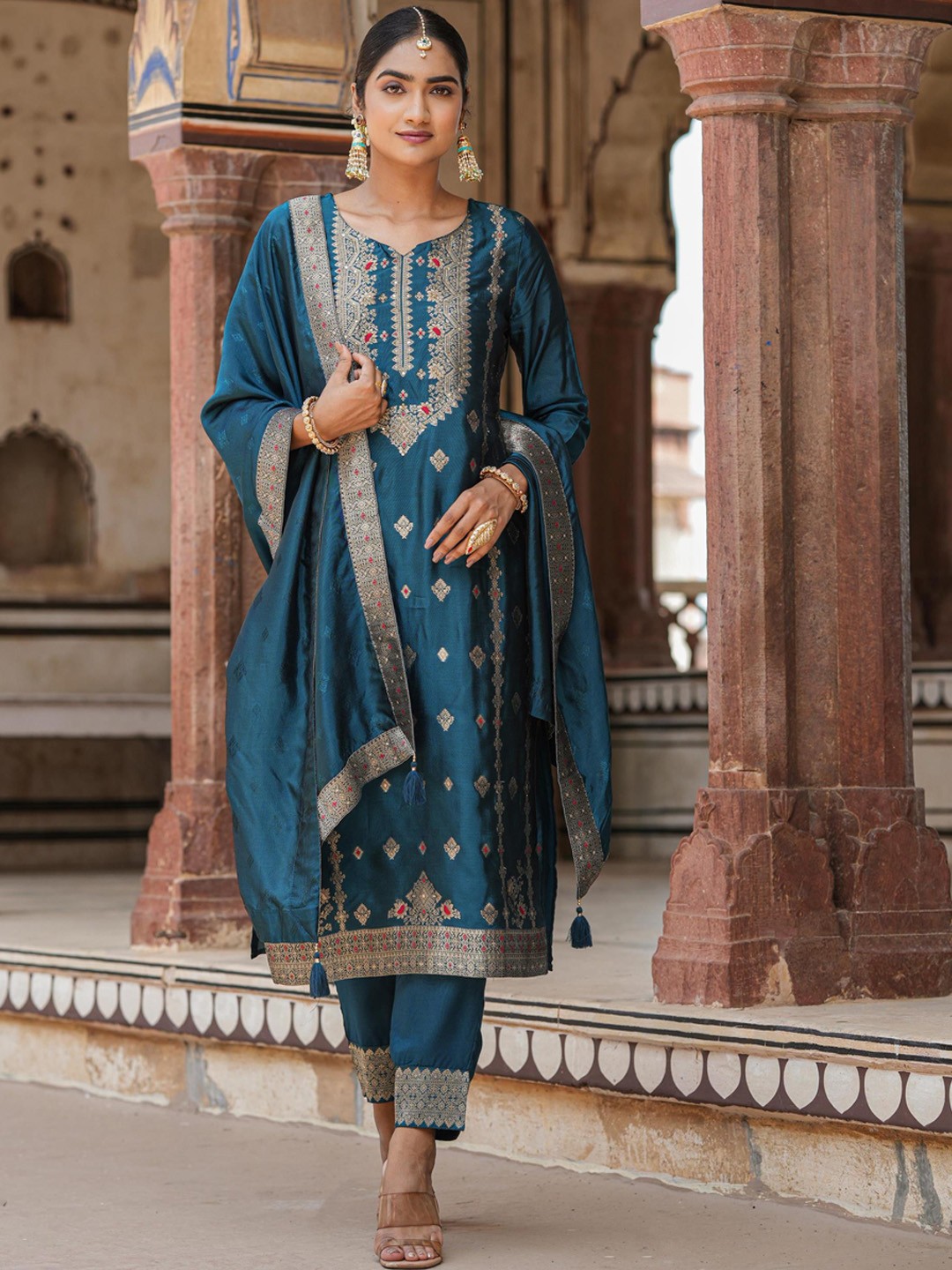 

SCAKHI Ethnic Motifs Woven Design Regular Kurta With Trousers & Dupatta, Teal