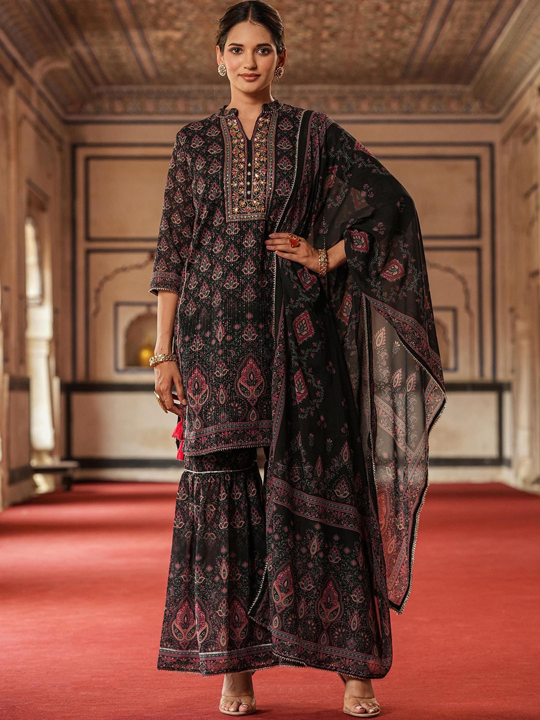 

SCAKHI Ethnic Motifs Printed Sequinned Kurti with Sharara & With Dupatta, Grey