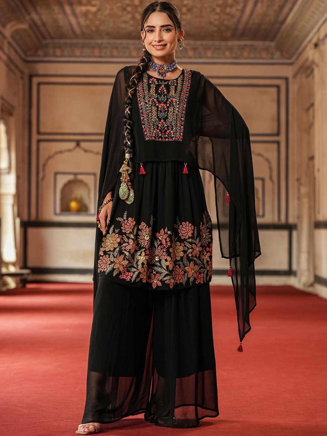 

SCAKHI Floral Embroidered Layered Mirror Work Kurti with Palazzos, Black