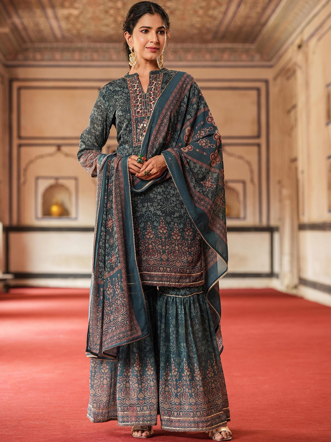 

SCAKHI Floral Printed Straight Kurti & Sharara With Dupatta, Teal