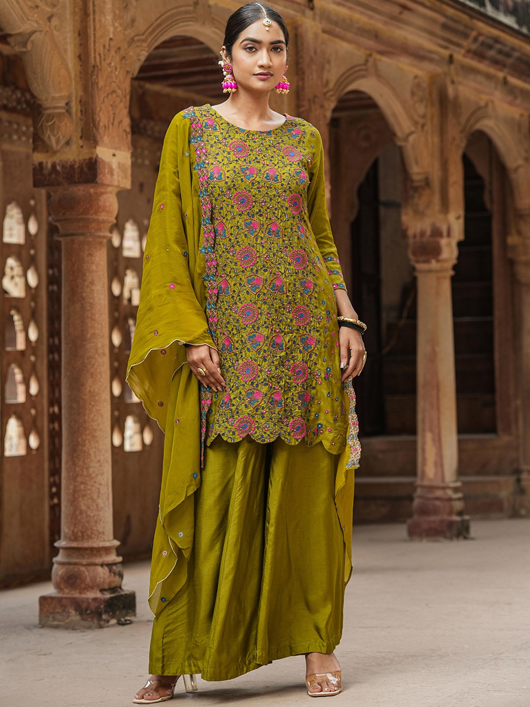 

SCAKHI Floral Embroidered Sequinned Chanderi Silk Kurta With Palazzos & Dupatta, Olive